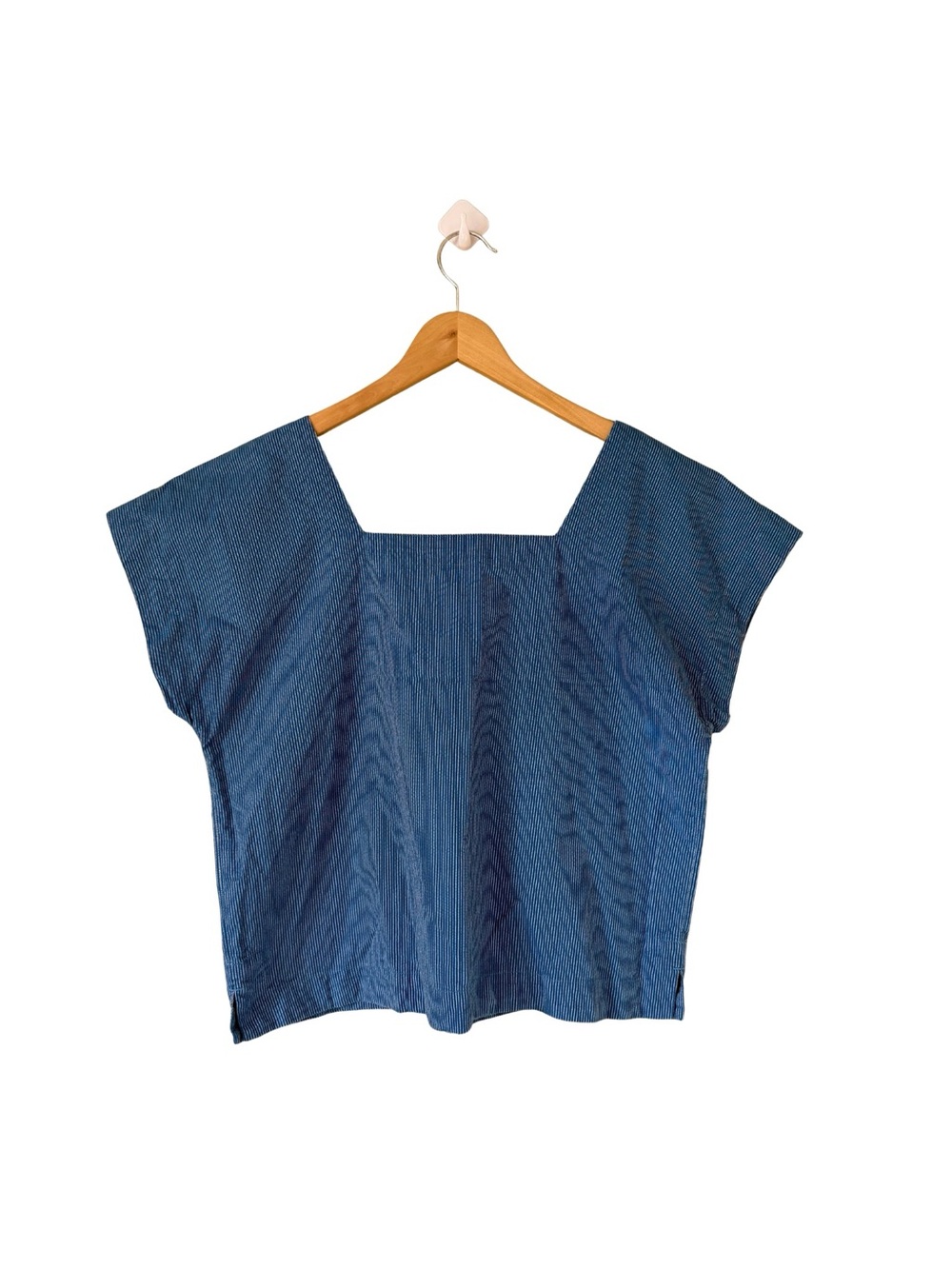 Madewell - Blue Pinstripe Square Neck Cap Sleeve Top Size Medium - Picture 2 of 6
